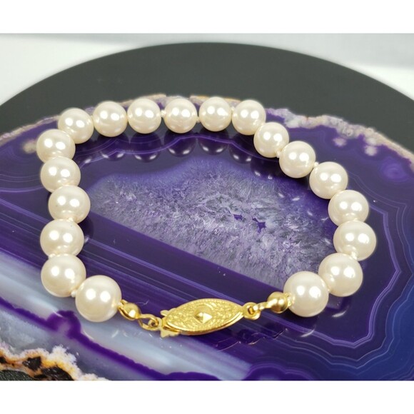 Vintage Knotted Faux Pearl Gold Tone Fish Hook Clasp 7" Bracelet - Picture 5 of 10